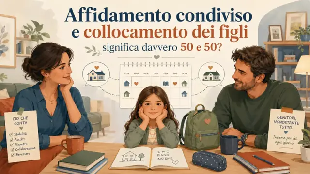 Sofia al centro, serena, con Elena e Marco ai due lati. Sullo sfondo due ambienti domestici collegati visivamente da un calendario condiviso, senza rappresentare la bambina contesa o tirata tra i genitori.