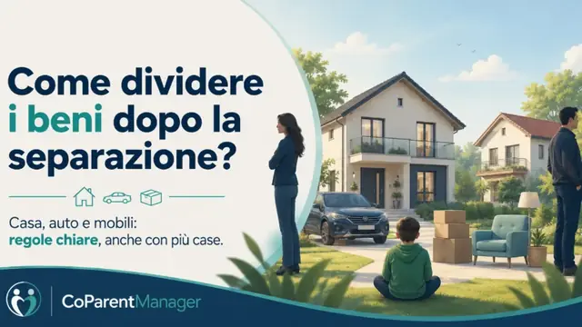 due abitazioni, auto, mobili e scatole; genitori separati e figlio al centro;