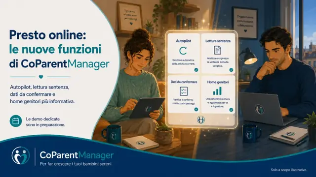 llustrazione CoParentManager con due genitori separati nei rispettivi ambienti e una schermata centrale dedicata ad Autopilot, lettura della sentenza, dati da confermare e nuova home genitori.