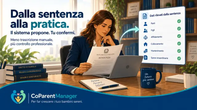 Professionista che utilizza CoParentManager per creare una pratica familiare partendo dai dati verificati di una sentenza.