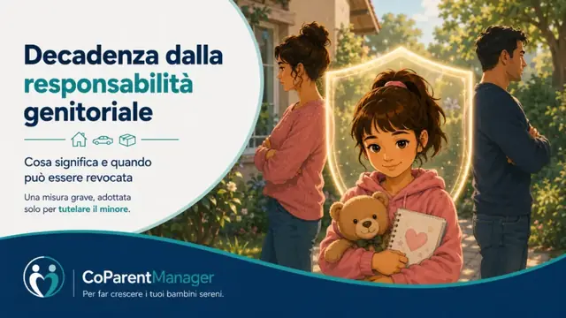 Illustrazione di un minore al centro tra due genitori separati, con simboli di protezione, decisione del tribunale e possibilità di revoca della decadenza dalla responsabilità genitoriale.