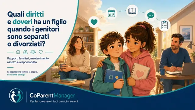 Bambino e bamina al centro tra le abitazioni separate della madre e del padre, con simboli dei suoi diritti all’affetto, all’ascolto e alla continuità e dei doveri di rispetto e collaborazione.