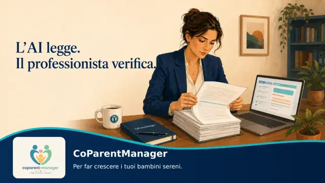 Illustrazione di un’avvocatessa che confronta una sentenza cartacea con i dati organizzati sul computer. L’ IA assiste nella lettura del documento, mentre il professionista verifica le informazioni prima della conferma e della chiusura.