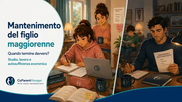 Sofia maggiorenne studia nella casa di Anna, mentre Marco verifica nella propria abitazione i documenti sul mantenimento, sull’università e sull’autonomia economica della figlia.