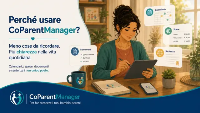 Illustrazione di un genitore che utilizza CoParentManager per consultare calendario, spese, documenti e informazioni familiari in un unico ambiente digitale.