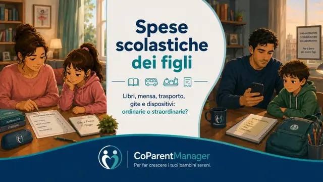Anna con Sofia e Marco con Luca, nelle rispettive abitazioni, controllano separatamente libri, mensa, trasporto e altre spese scolastiche dei figli.