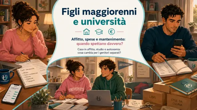 Illustrazione di Sofia e Luca, entrambi diciottenni, nel loro appartamento universitario in affitto, tra libri, computer e spese legate allo studio fuori sede.