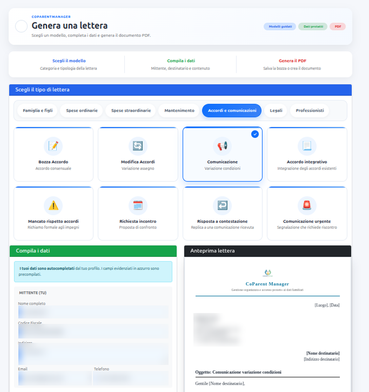 Generazione di una lettera PDF in CoParent Manager con modelli, dati precompilati e anteprima