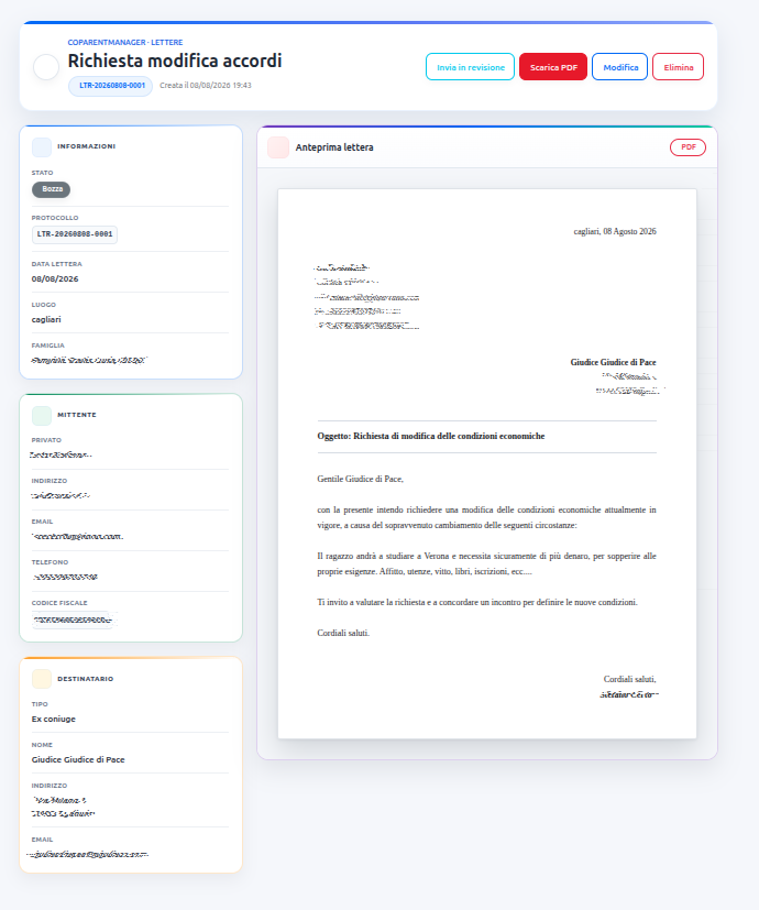 Anteprima di una lettera PDF generata con CoParent Manager, con protocollo, dati organizzati e comandi di revisione